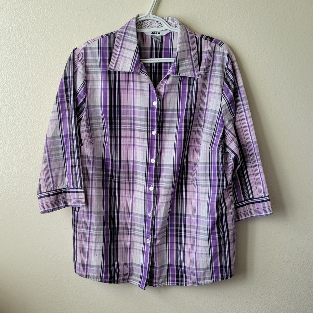 ALIA Women's Purple Pink Plaid 3/4 Sleeve Button Front Patterned Blouse Size 14